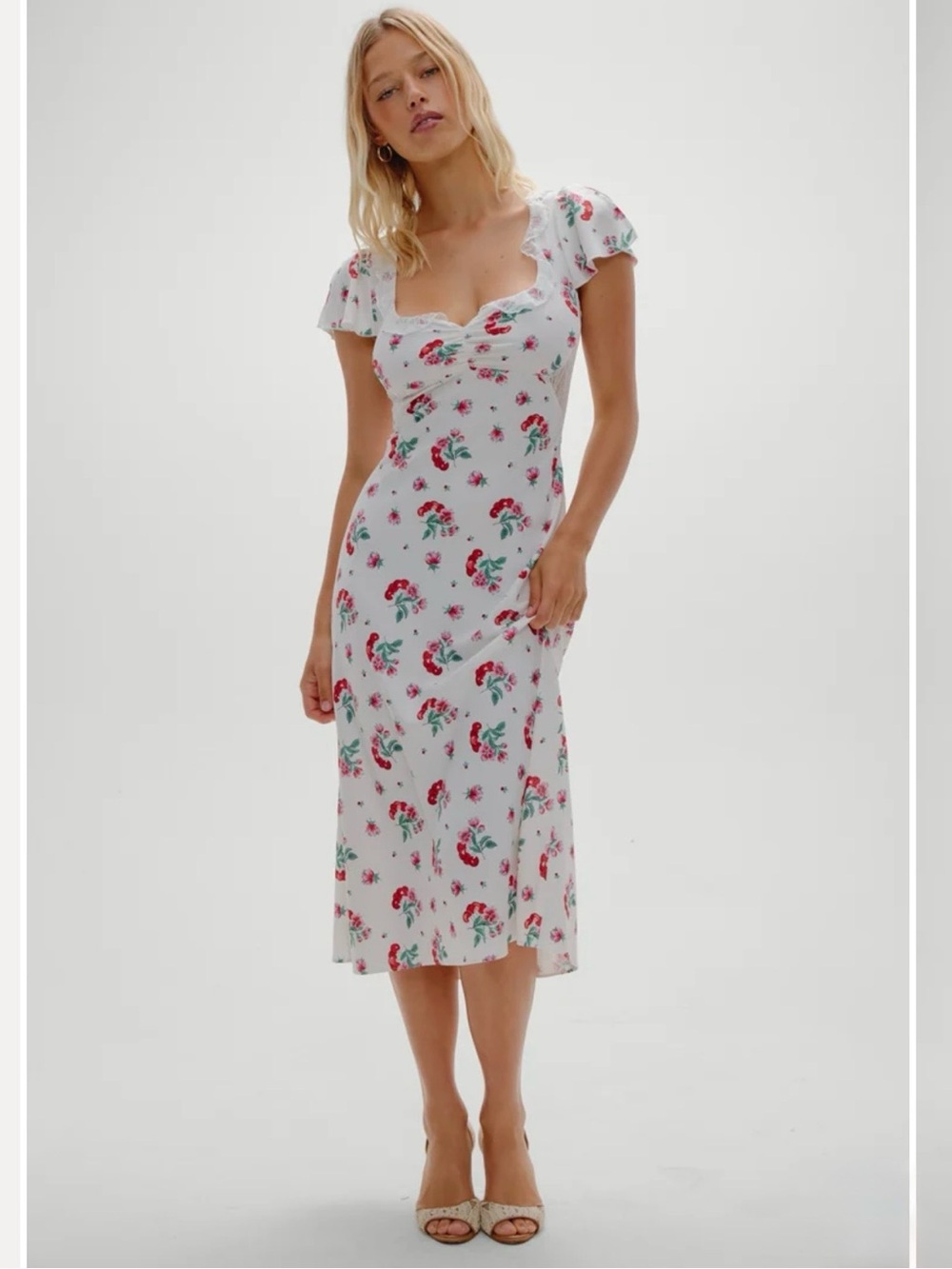 Frankies Bikinis Delicate Lace Satin Midi Dress Size XS Cherry Flower